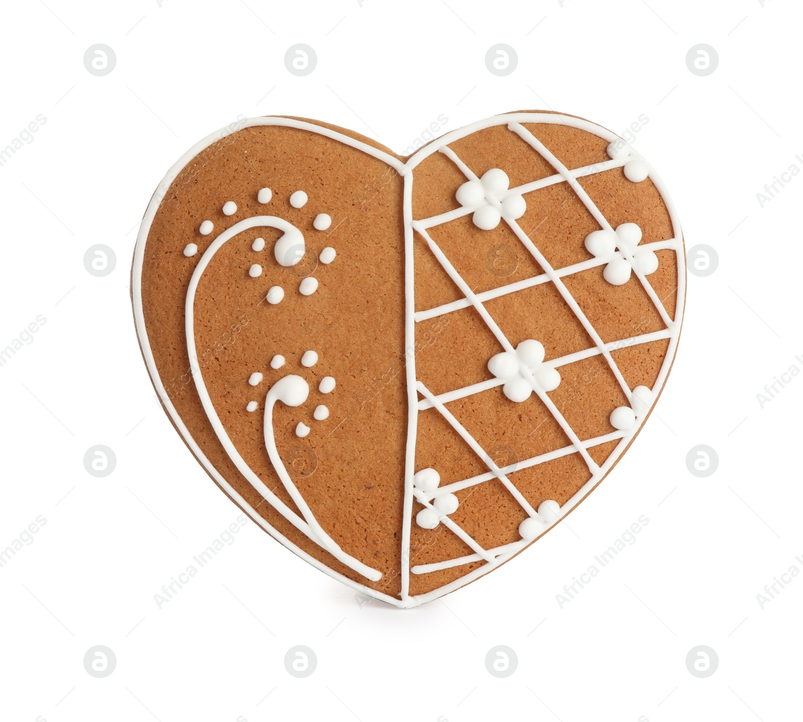 Photo of Gingerbread heart decorated with icing isolated on white