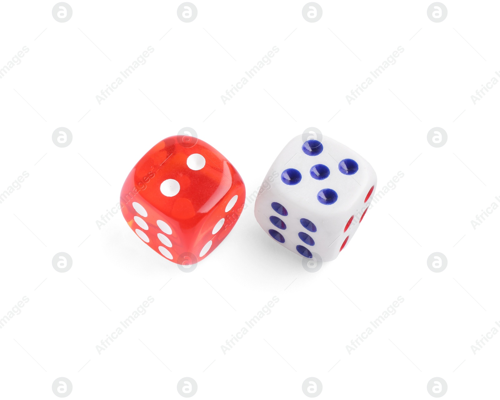 Photo of Two color game dices isolated on white