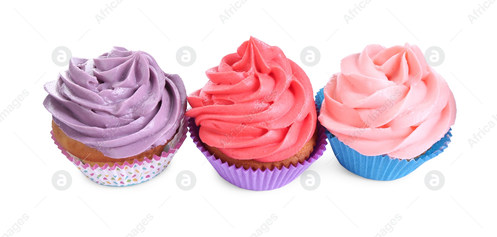 Photo of Different tasty cupcakes with cream isolated on white