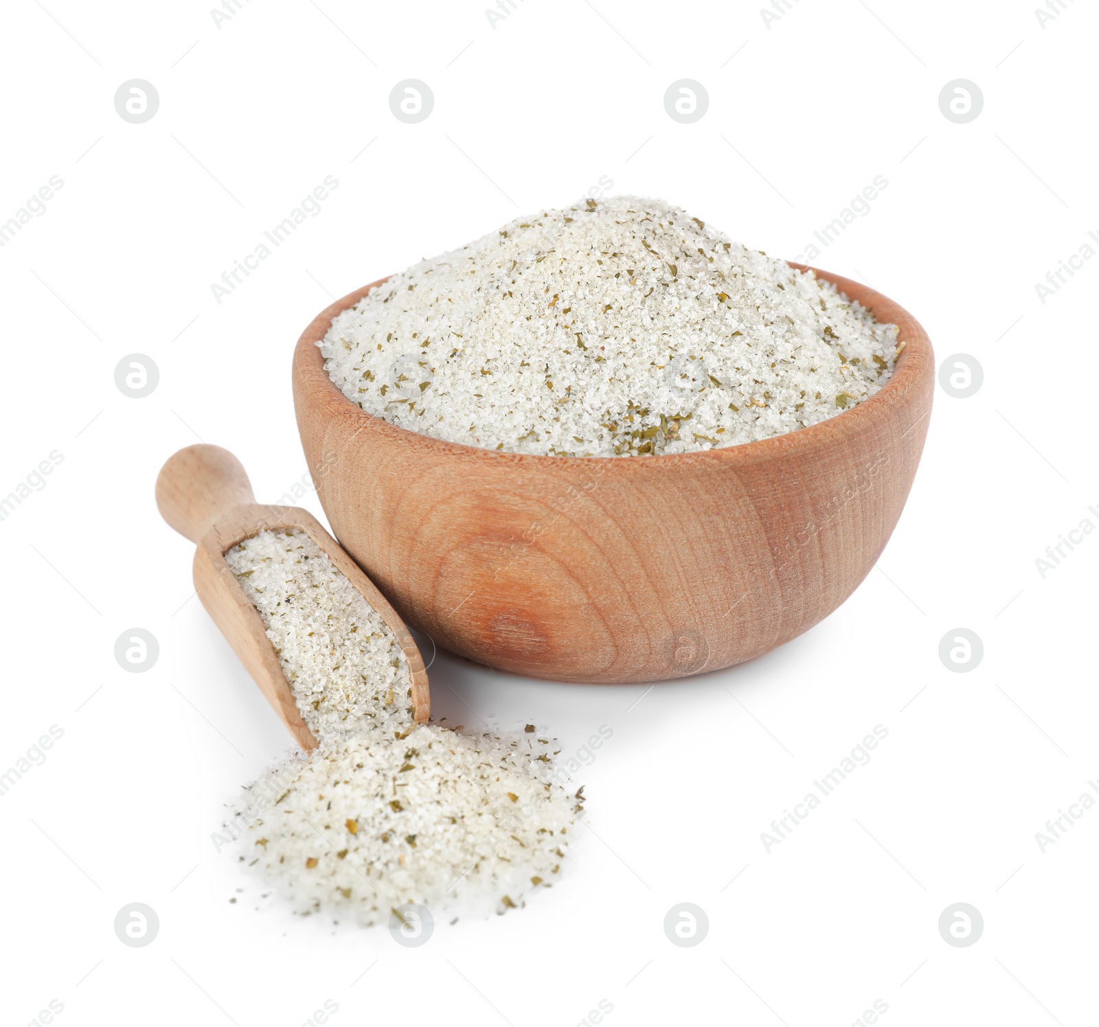 Photo of Wooden bowl and scoop with herb salt on white background