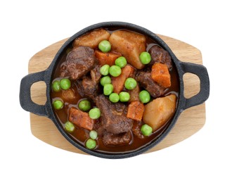 Delicious beef stew with carrots, peas and potatoes on white background, top view