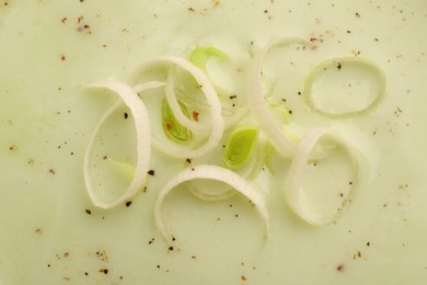 Photo of Tasty leek soup as background, top view