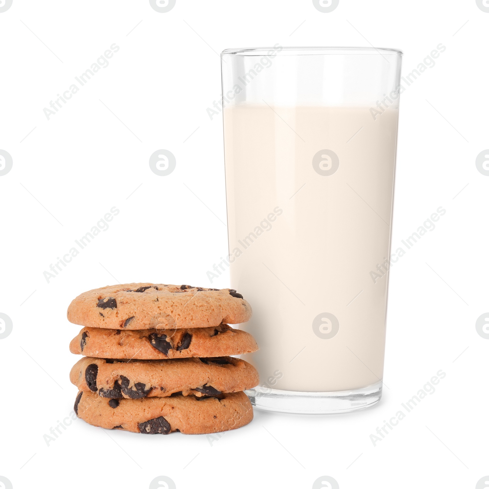 Photo of Delicious chocolate chip cookies and milk isolated on white