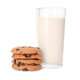 Photo of Delicious chocolate chip cookies and milk isolated on white