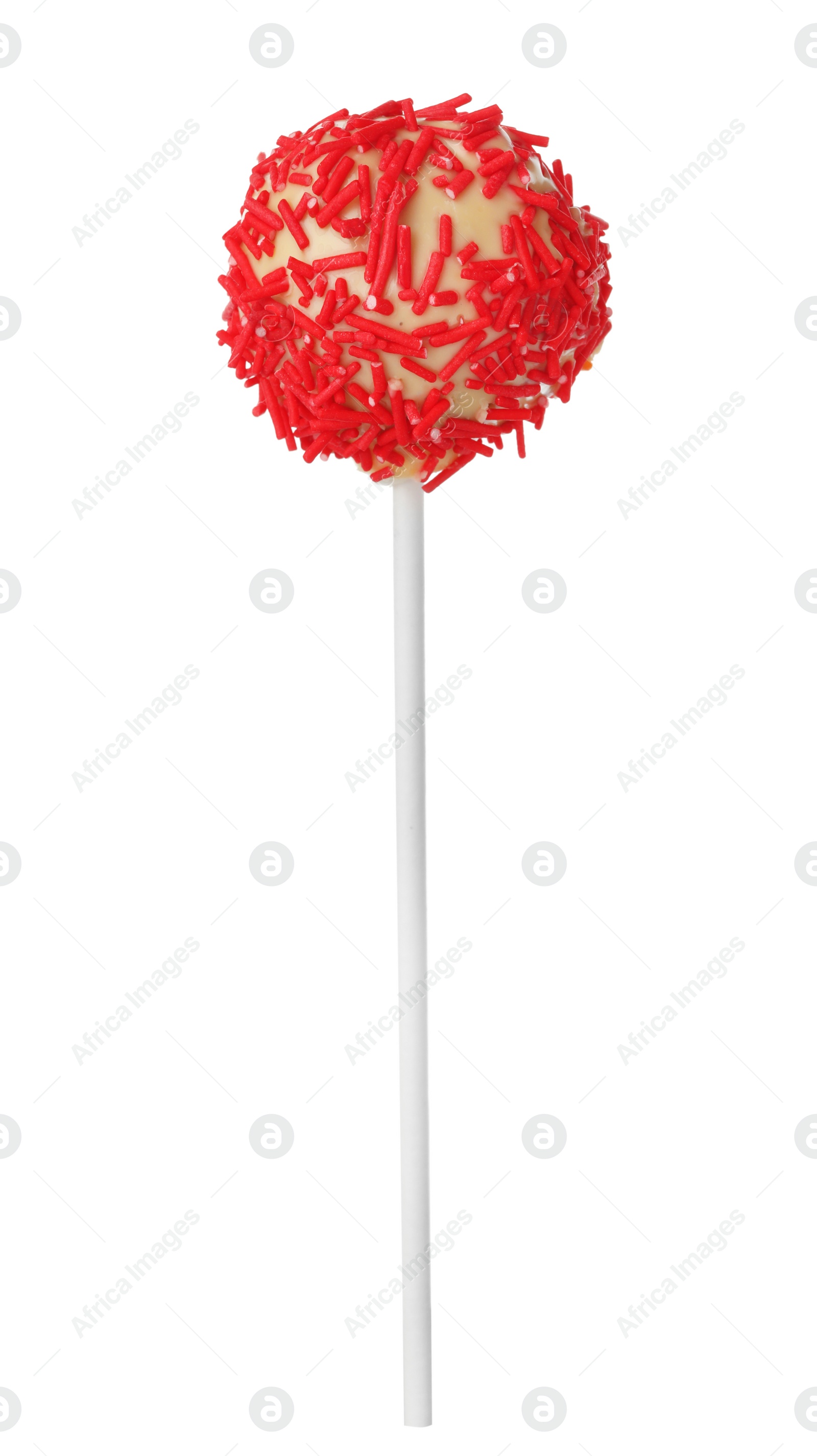 Photo of Tasty cake pop with red sprinkles isolated on white