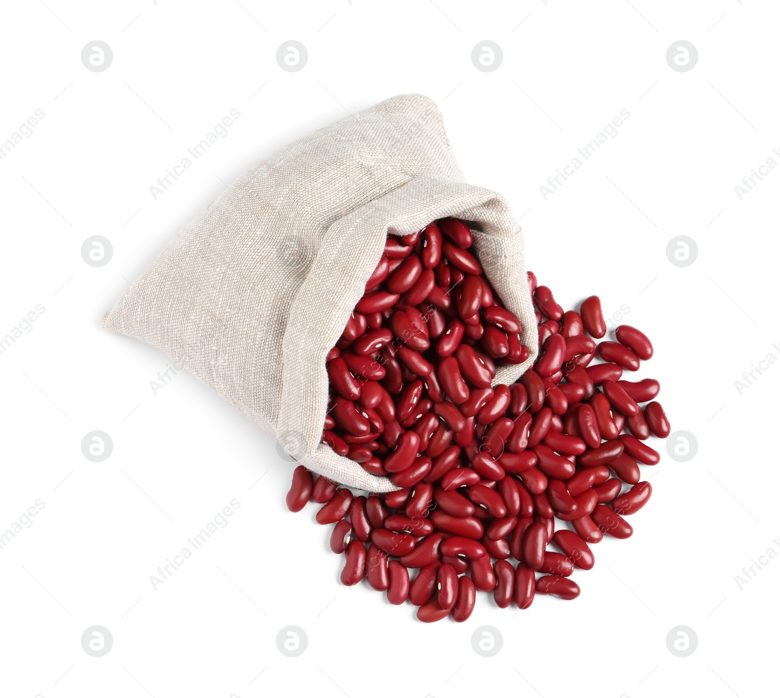 Photo of Raw red kidney beans with sackcloth bag isolated on white, top view