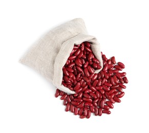 Raw red kidney beans with sackcloth bag isolated on white, top view