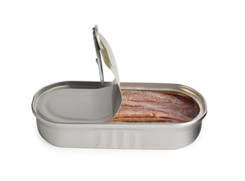Anchovy fillets in open tin can isolated on white