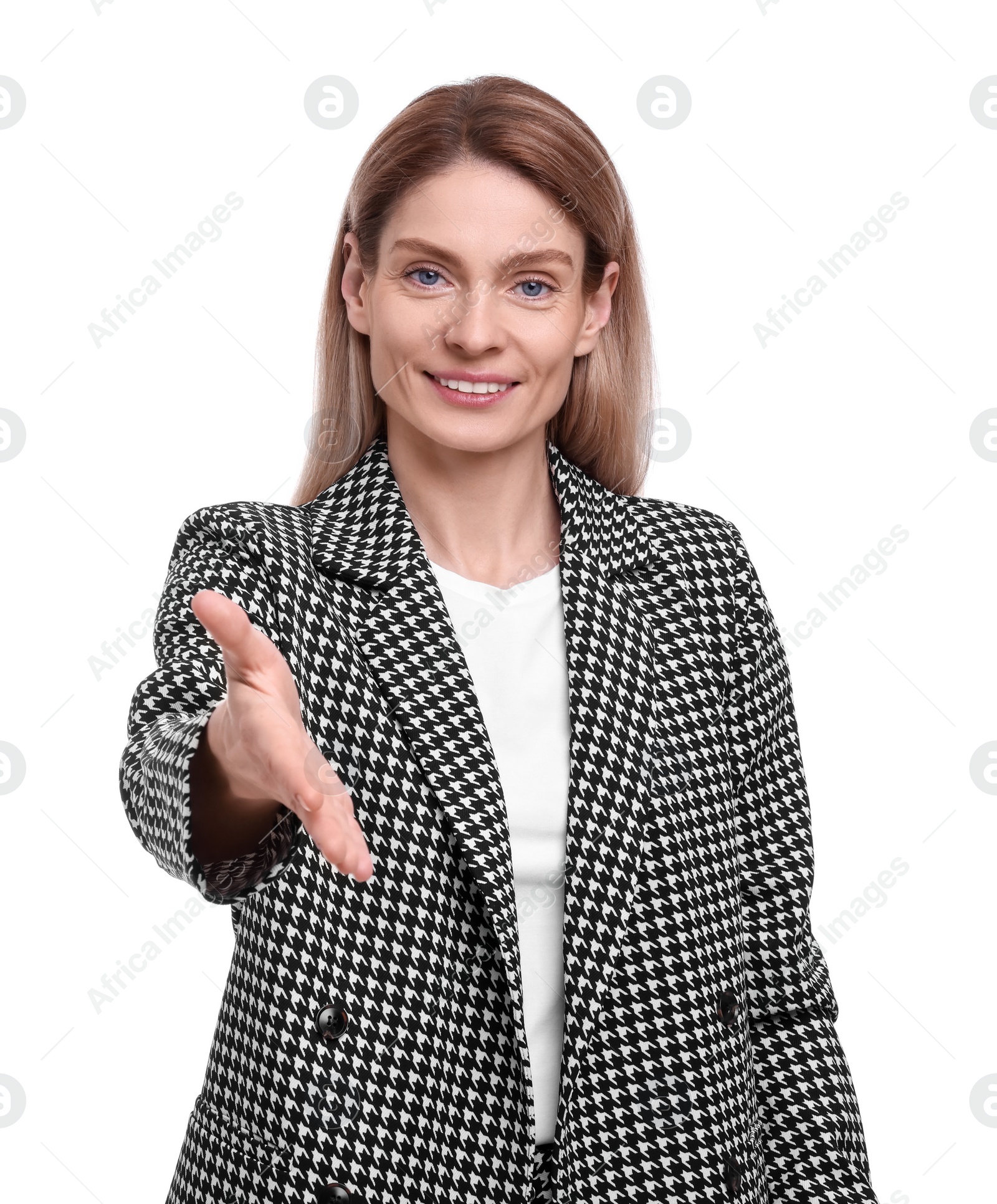 Photo of Beautiful happy businesswoman in suit giving handshake on white background