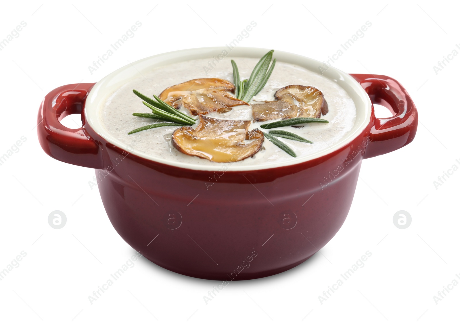 Photo of Fresh homemade mushroom soup in ceramic pot isolated on white