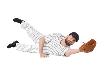 Photo of Baseball player with leather glove on white background