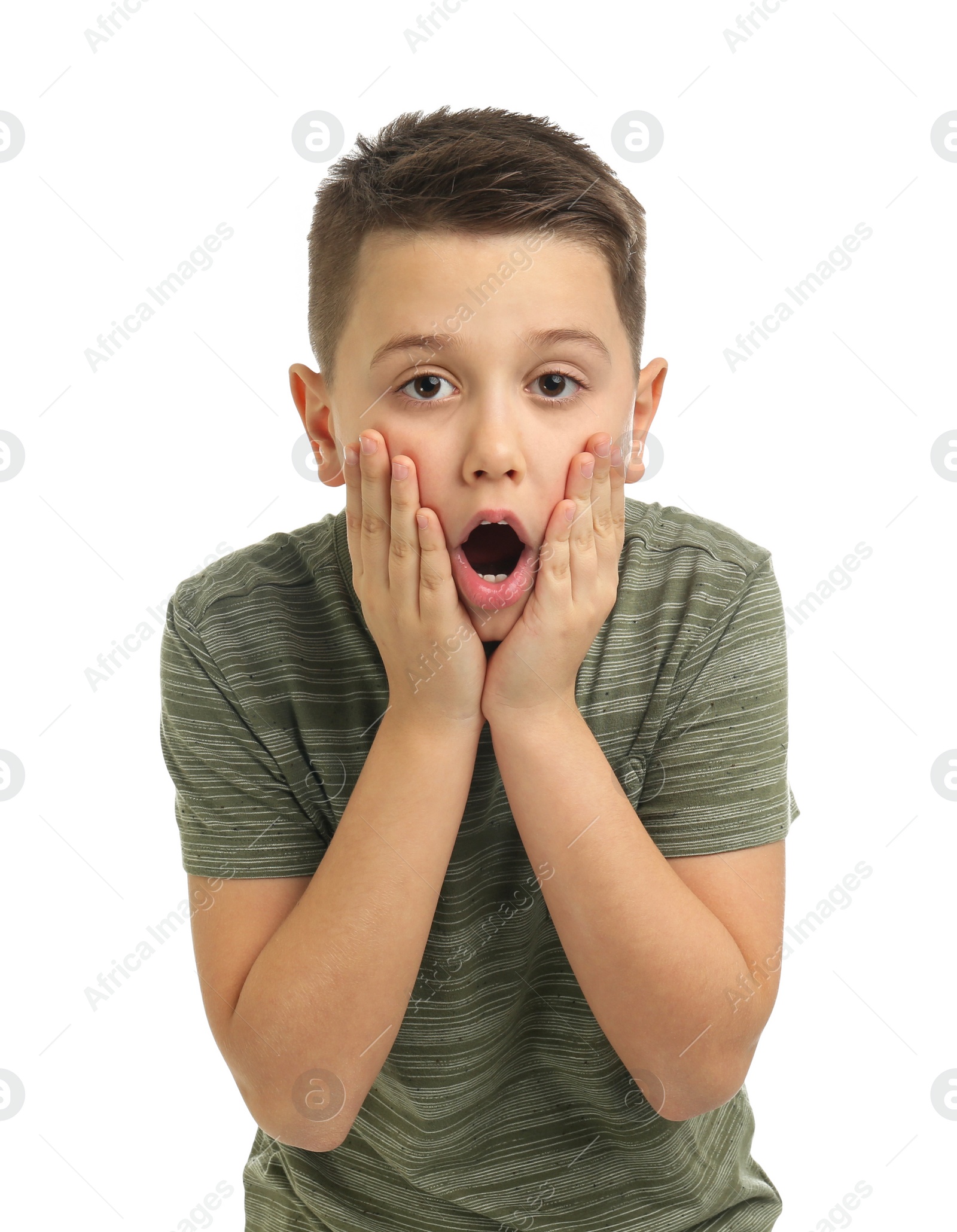 Photo of Portrait of emotional preteen boy on white background