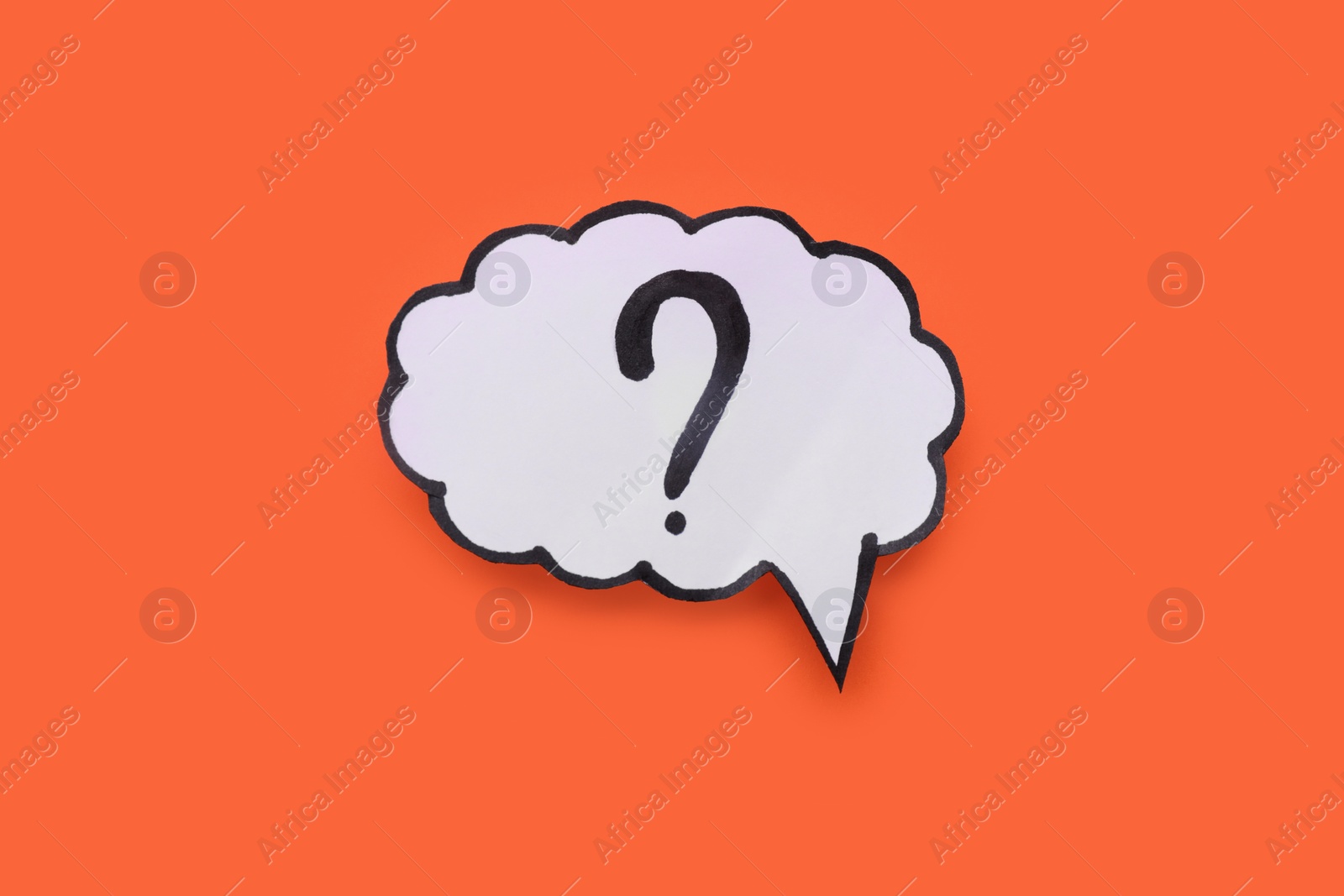 Photo of Paper speech bubble with question mark on orange background, top view