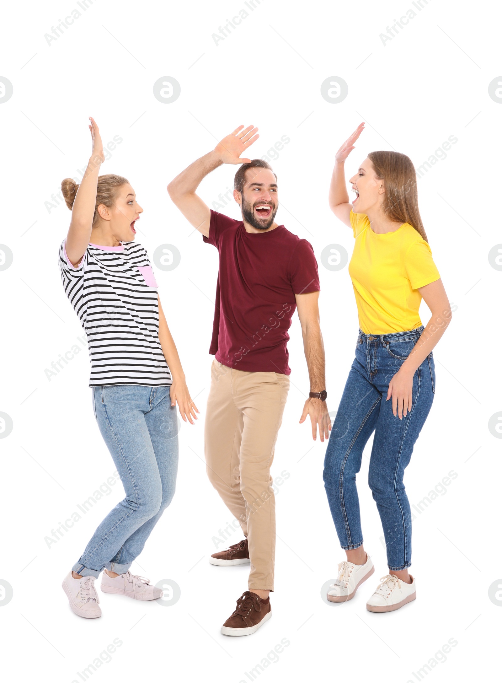 Photo of Young people celebrating victory on white background