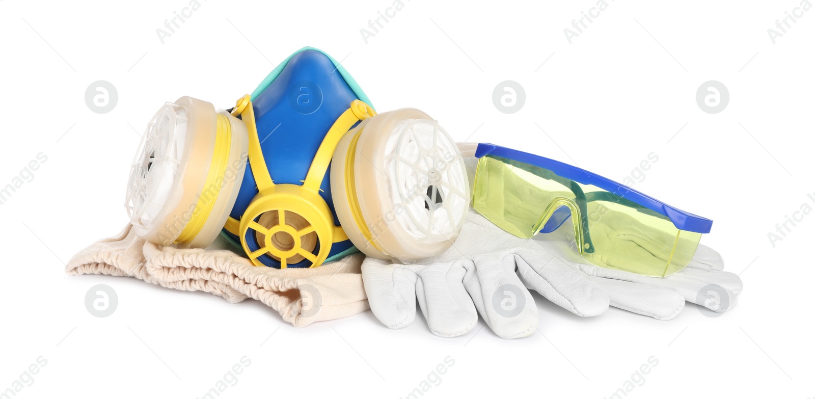 Photo of Protective workwear on white background. Safety equipment