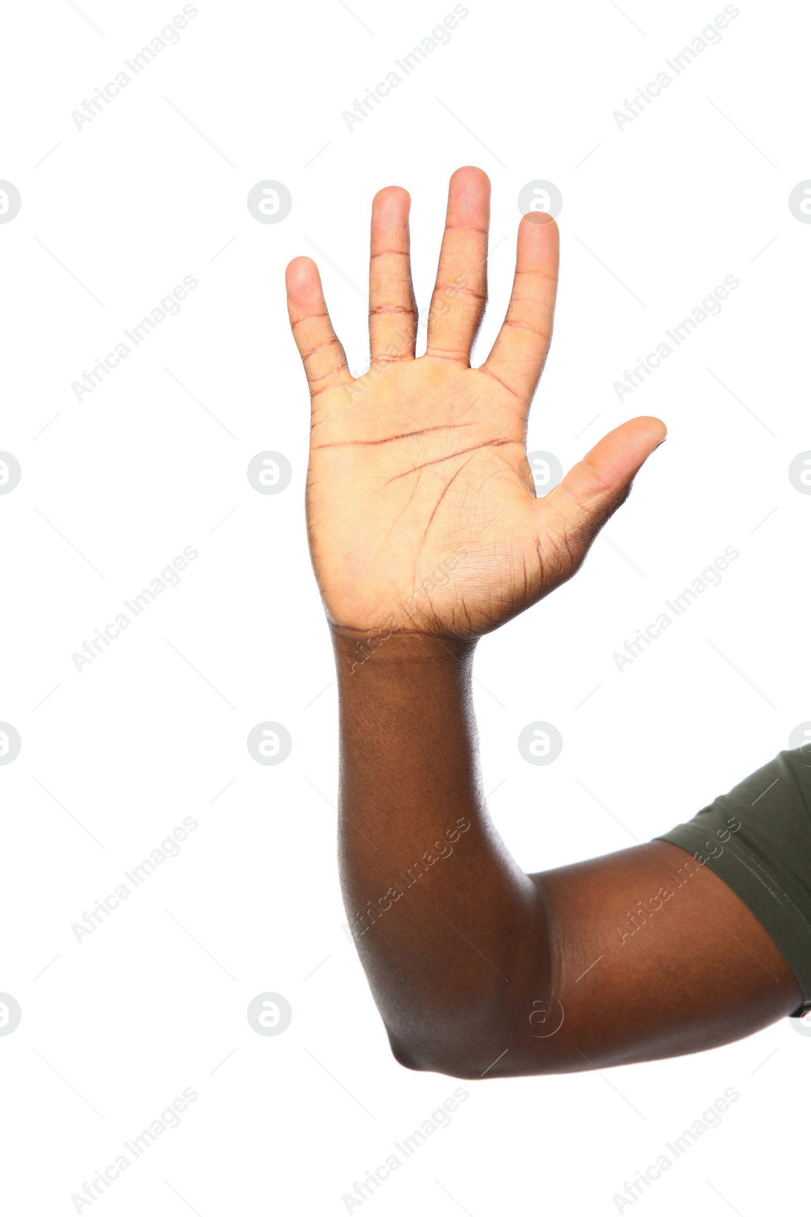 Photo of African-American man showing hand gesture on white background, closeup