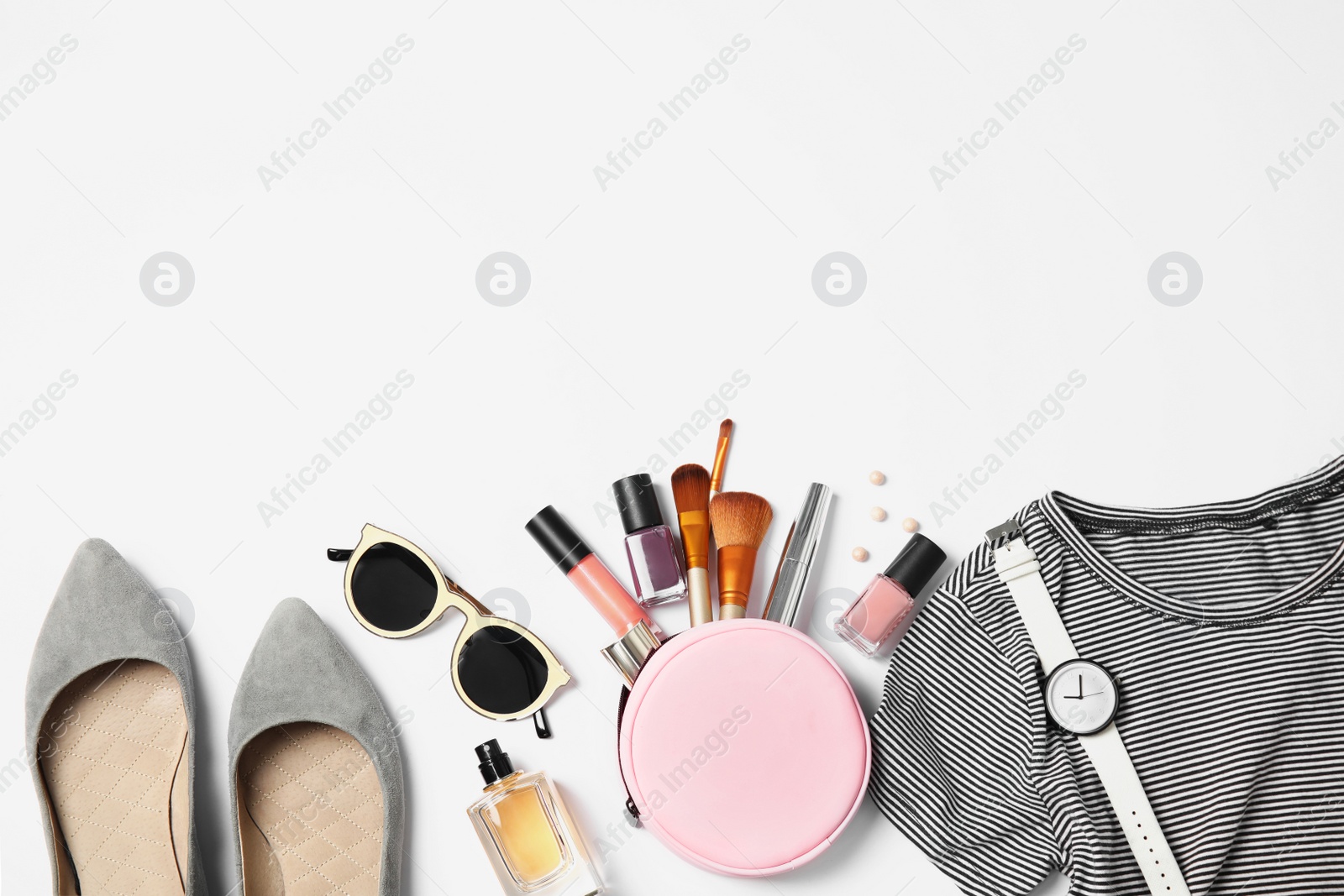 Photo of Flat lay composition with wear, cosmetics and space for text isolated on white. Fashion and beauty blogger