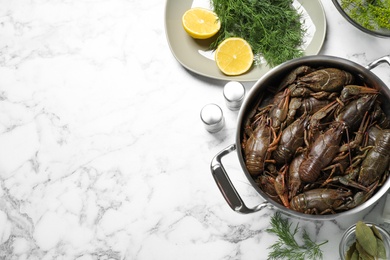 Fresh raw crayfishes in pot on white marble table, flat lay. Space for text