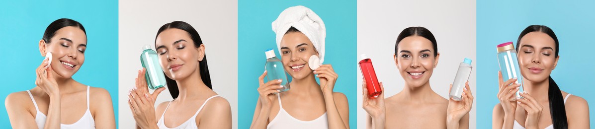Collage with photos of woman with micellar water on different color backgrounds