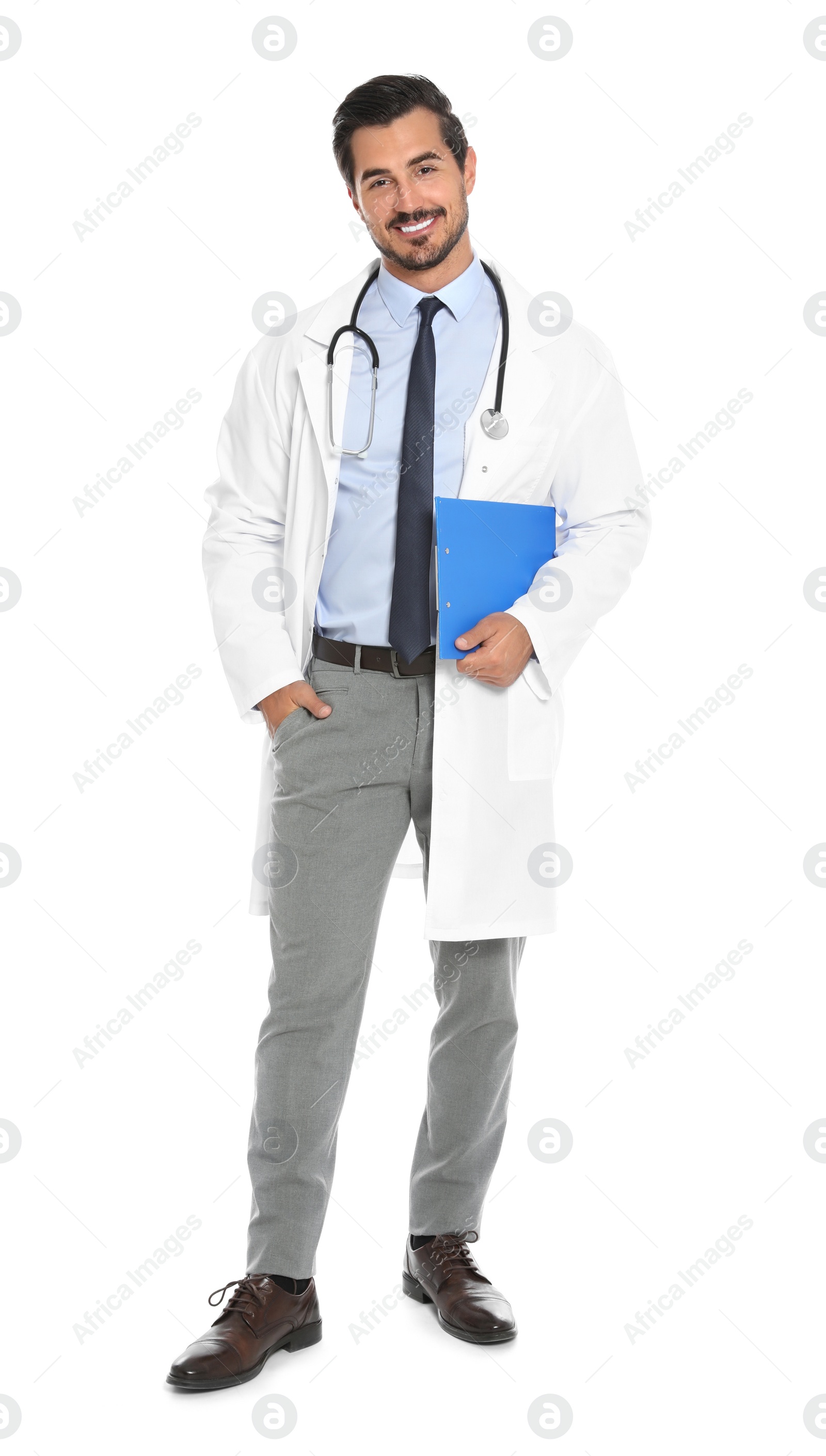 Photo of Young male doctor with clipboard on white background. Medical service