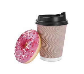Tasty fresh donut and hot drink isolated on white