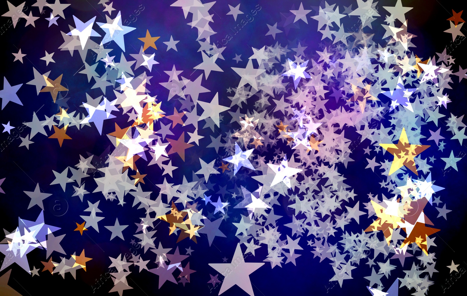 Image of Festive background with many beautiful shimmering stars and blurred lights. Bokeh effect