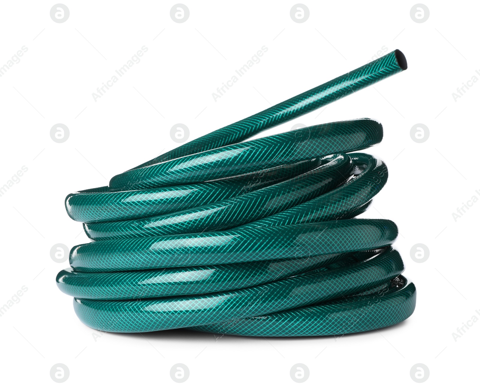 Photo of Green rubber watering hose isolated on white