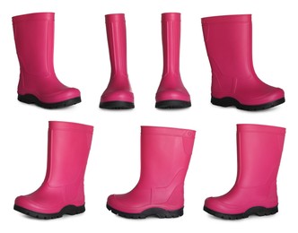 Set with pink rubber boots on white background 