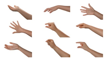 Image of Collage with photos of little child showing different gestures on white background, closeup 