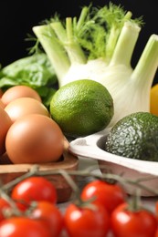 Many different healthy food on table, closeup