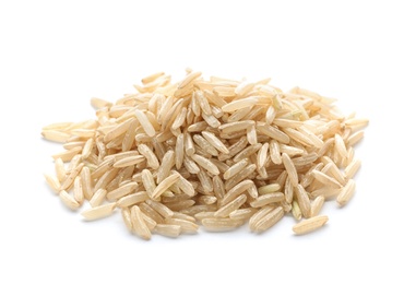 Photo of Pile of brown rice on white background