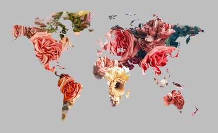 World map made of beautiful flowers on grey background, banner design