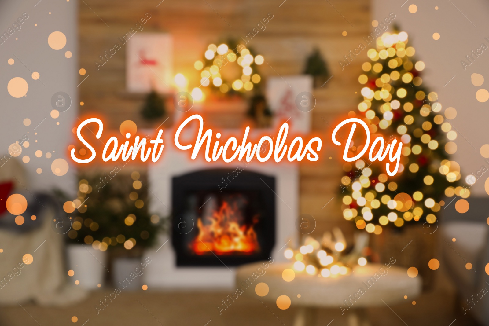 Image of Saint Nicholas Day. Blurred view of fireplace in decorated living room