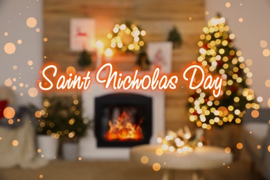 Image of Saint Nicholas Day. Blurred view of fireplace in decorated living room