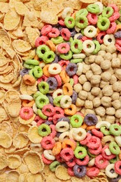 Different types of dry breakfast as background, top view