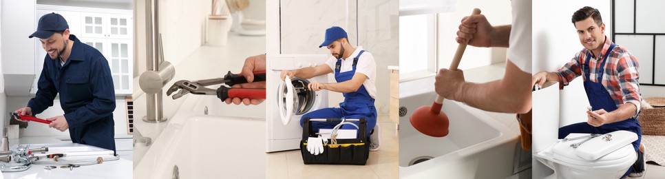Collage with photos of professional plumbers and their tools, banner design