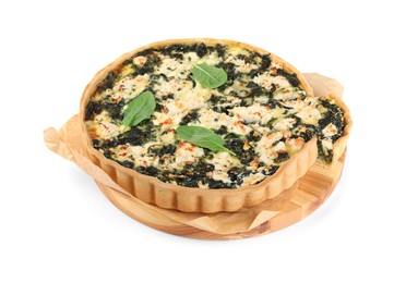 Delicious homemade spinach quiche isolated on white