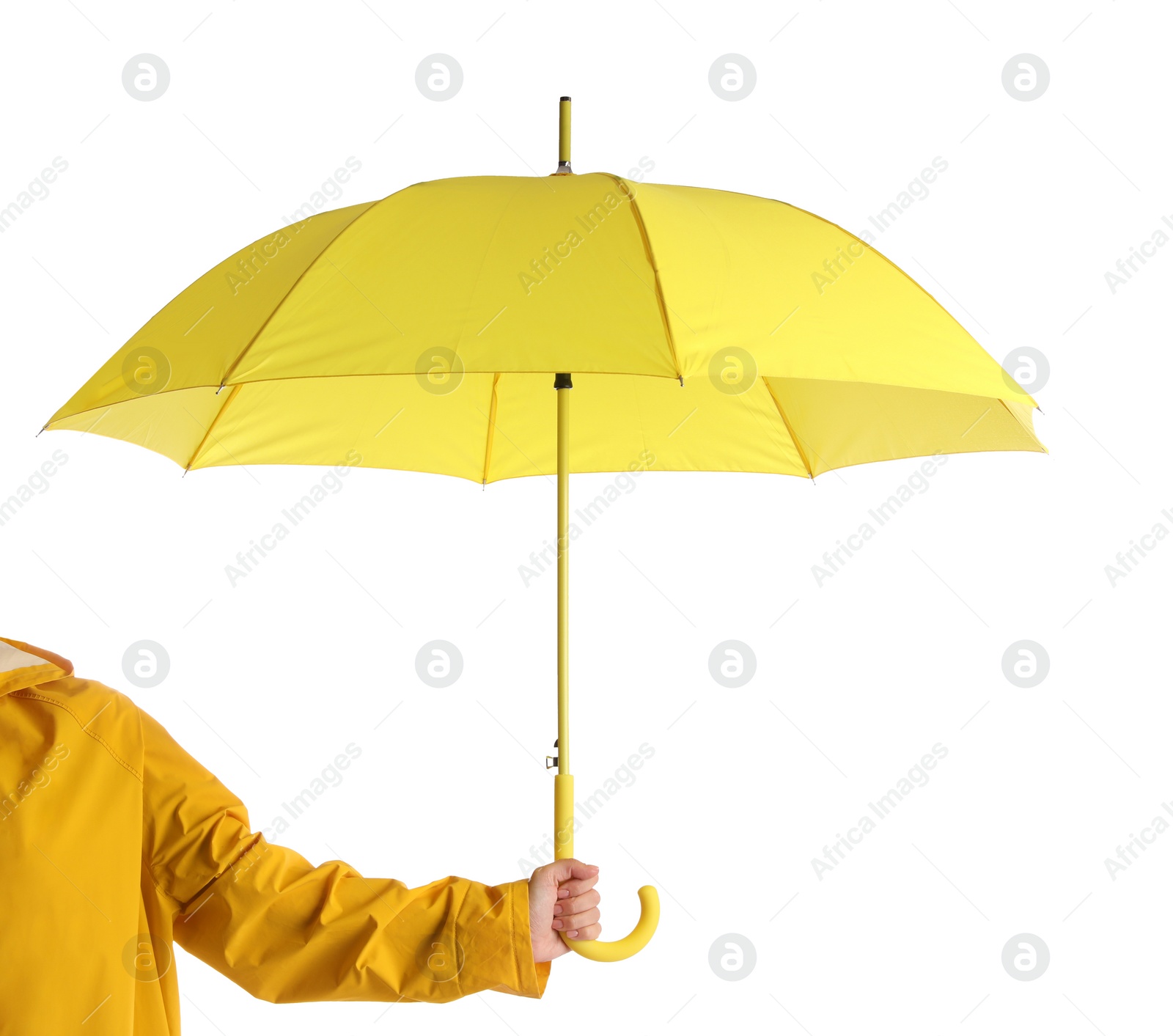 Photo of Woman with open yellow umbrella on white background, closeup