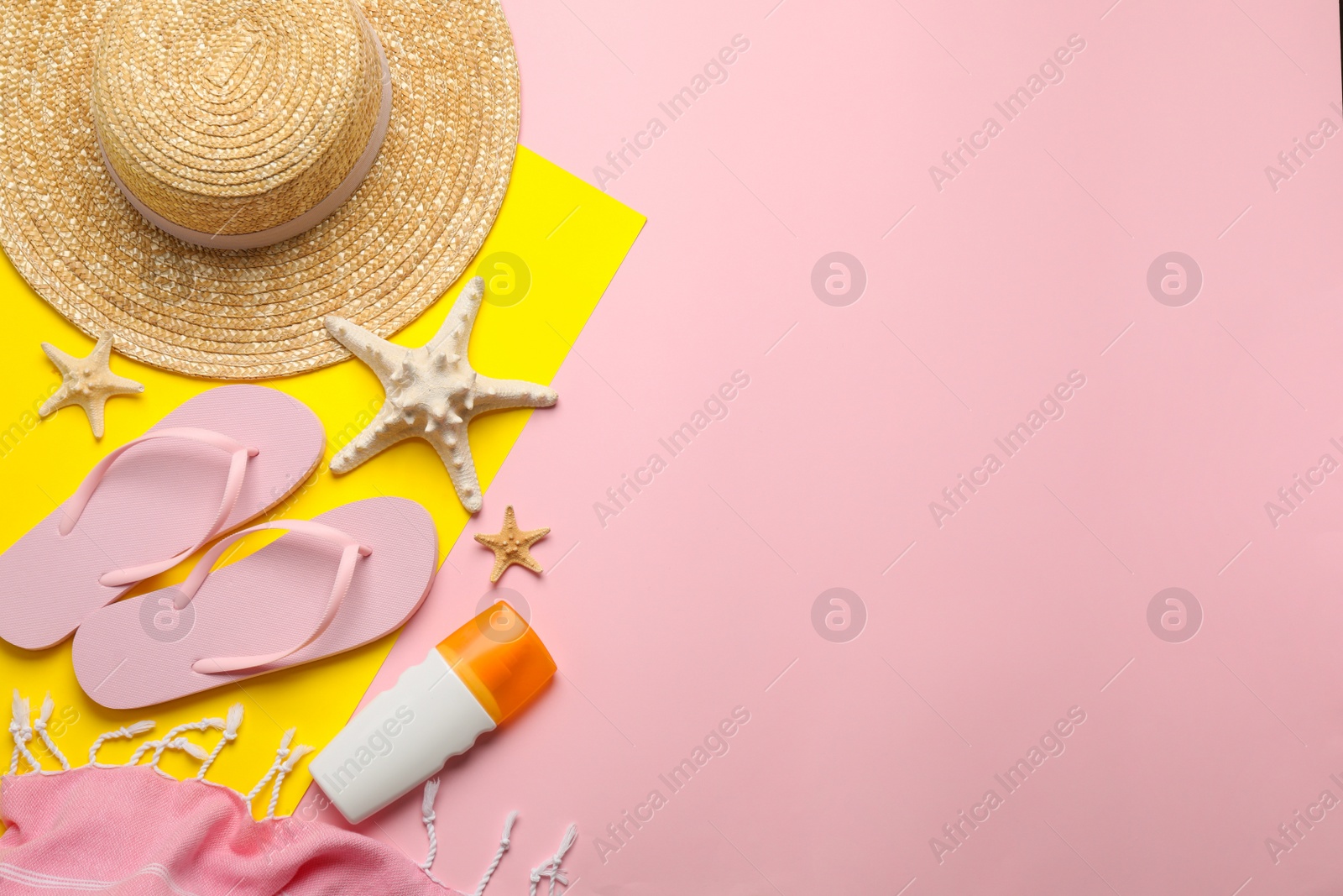 Photo of Flat lay composition with different beach objects on color background, space for text