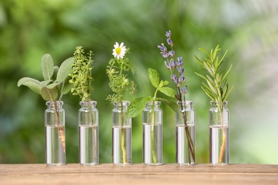 Photo of Many bottles with essential oils and plants on wooden table against blurred green background