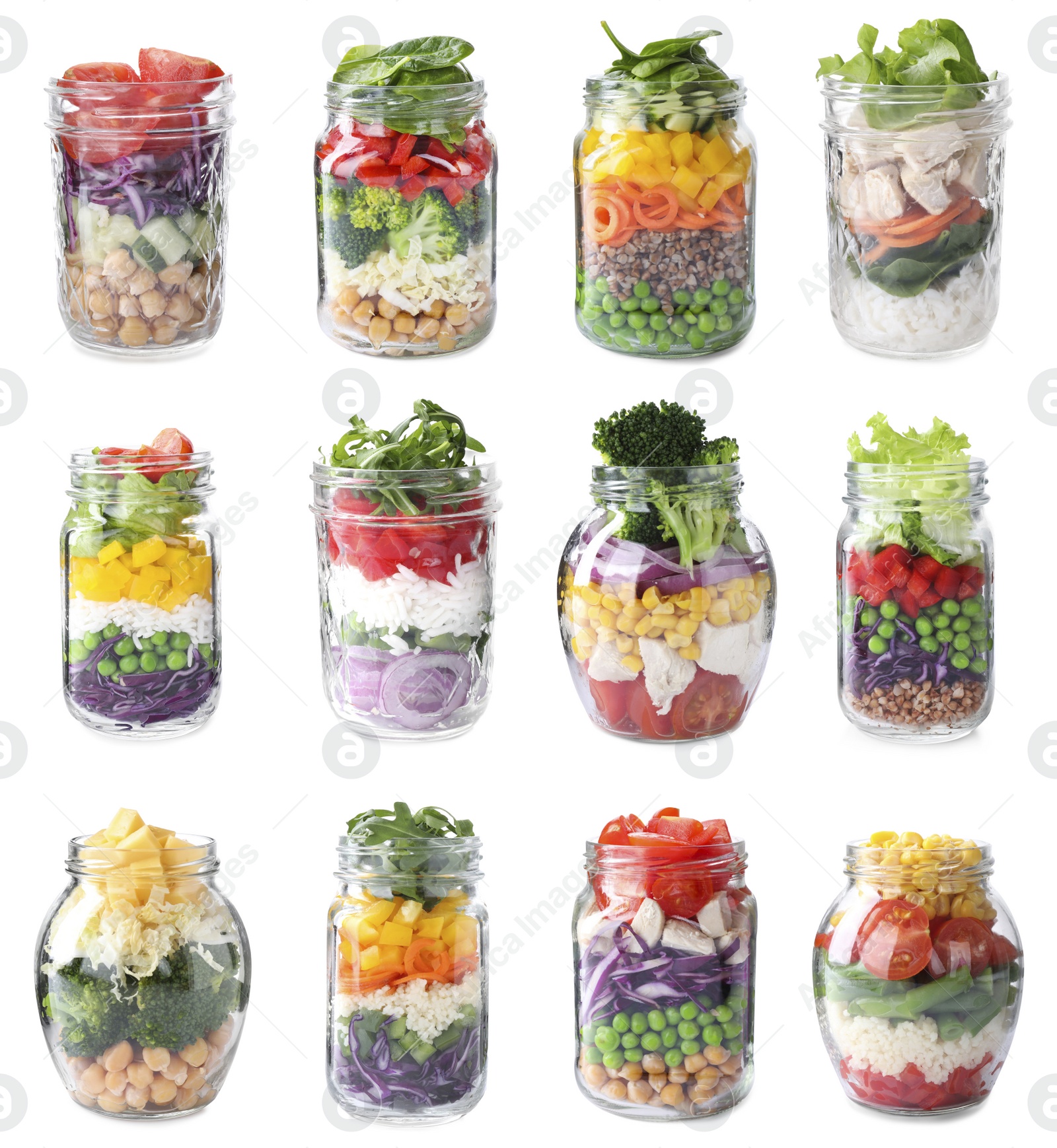 Image of Set of different jars with healthy salads on white background 