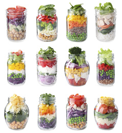 Image of Set of different jars with healthy salads on white background 