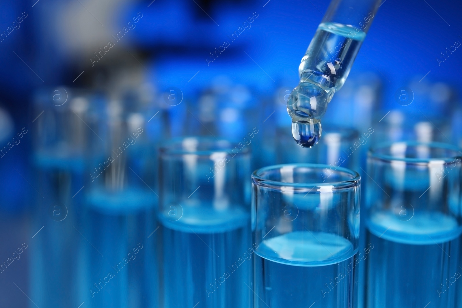 Photo of Dripping reagent into test tube with sample, closeup. Laboratory analysis