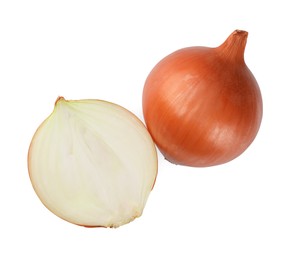 Whole and cut onions on white background, top view