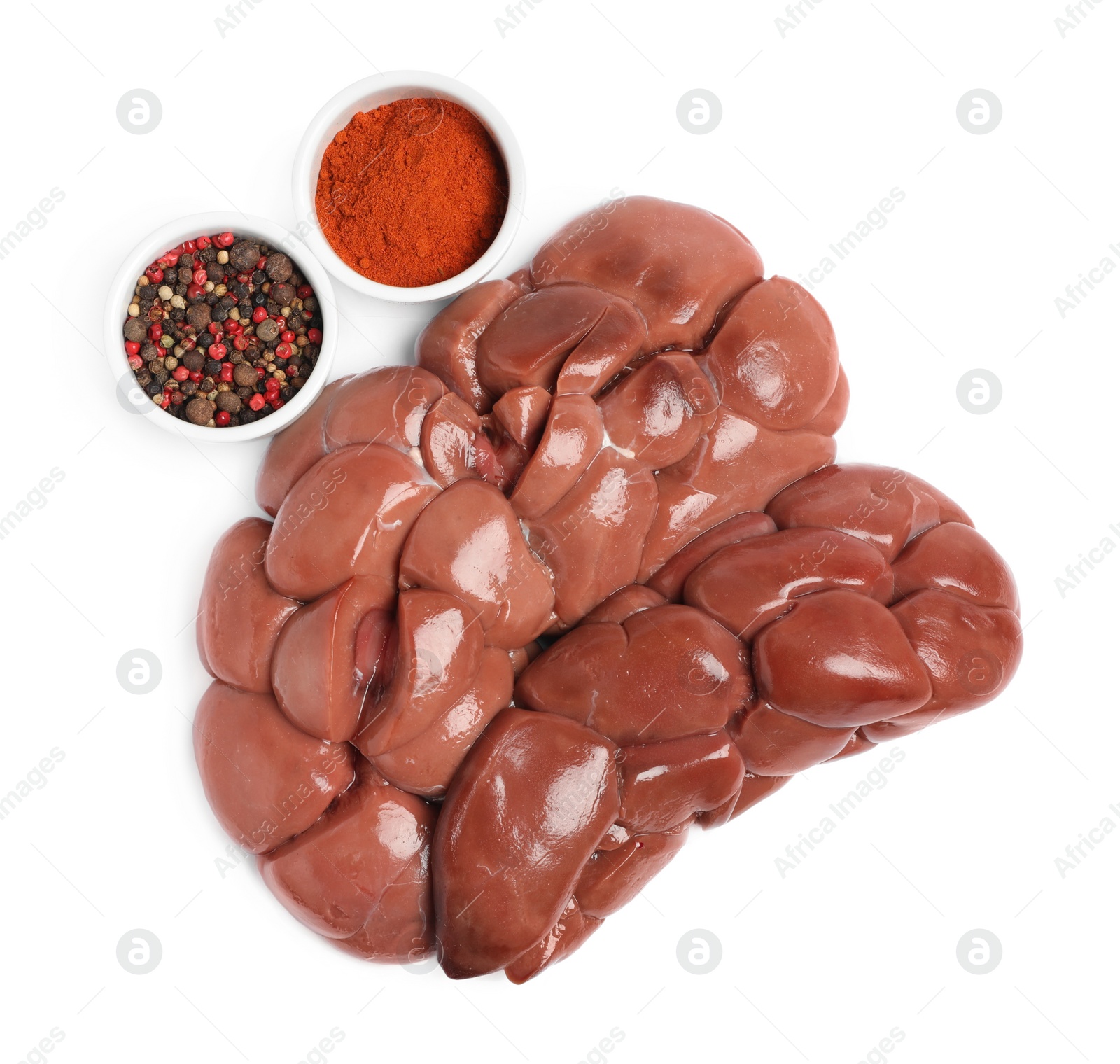 Photo of Fresh raw kidney meat and spices on white background