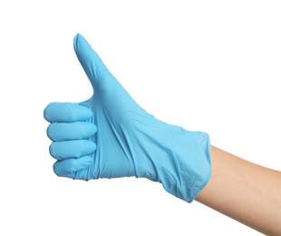 Photo of Doctor in medical gloves showing thumb up on white background, closeup