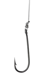 Photo of Fishing hook on white background. Angling equipment