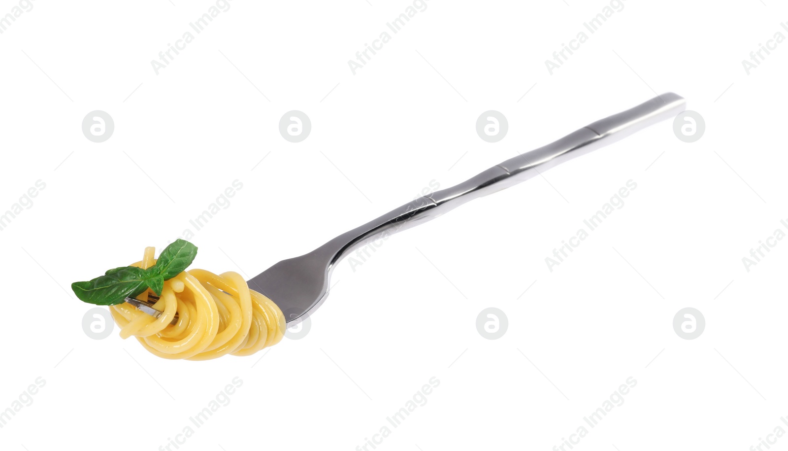 Photo of Fork with tasty pasta and basil isolated on white