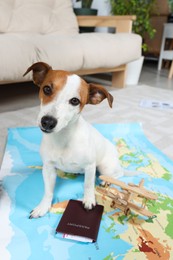 Photo of Dog, toy plane and passport on world map at home. Travel with pet concept