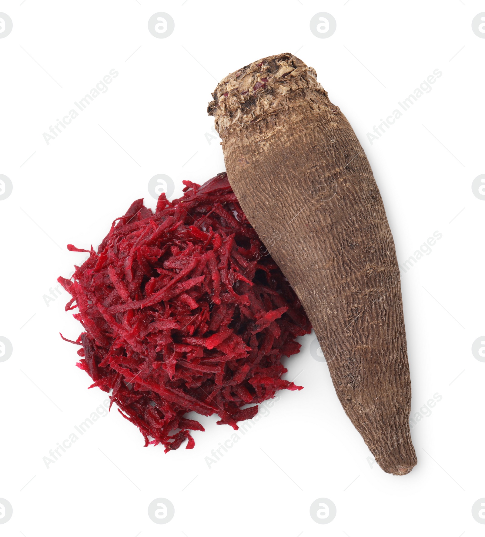 Photo of Whole and grated red beets isolated on white, top view